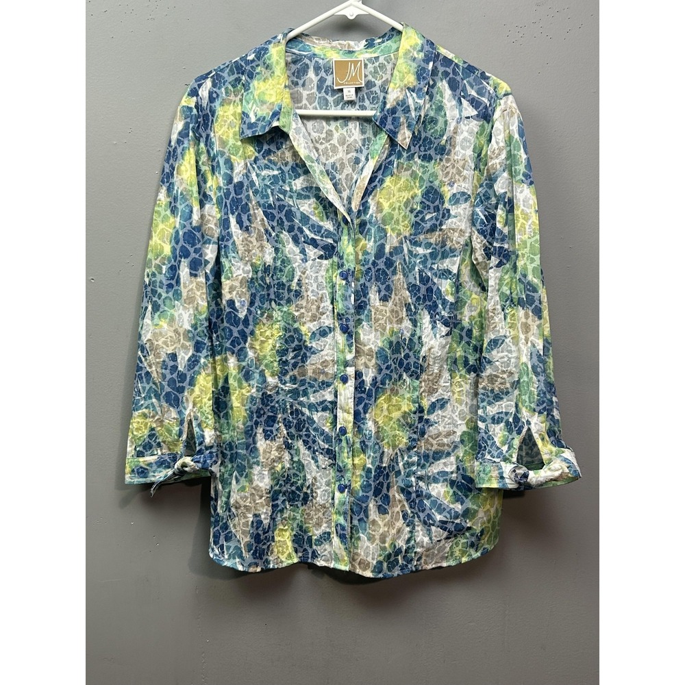 JM Collection Blouse Womens 16 Blue Green Abstract Sequin Bow Cuff Button Up Top